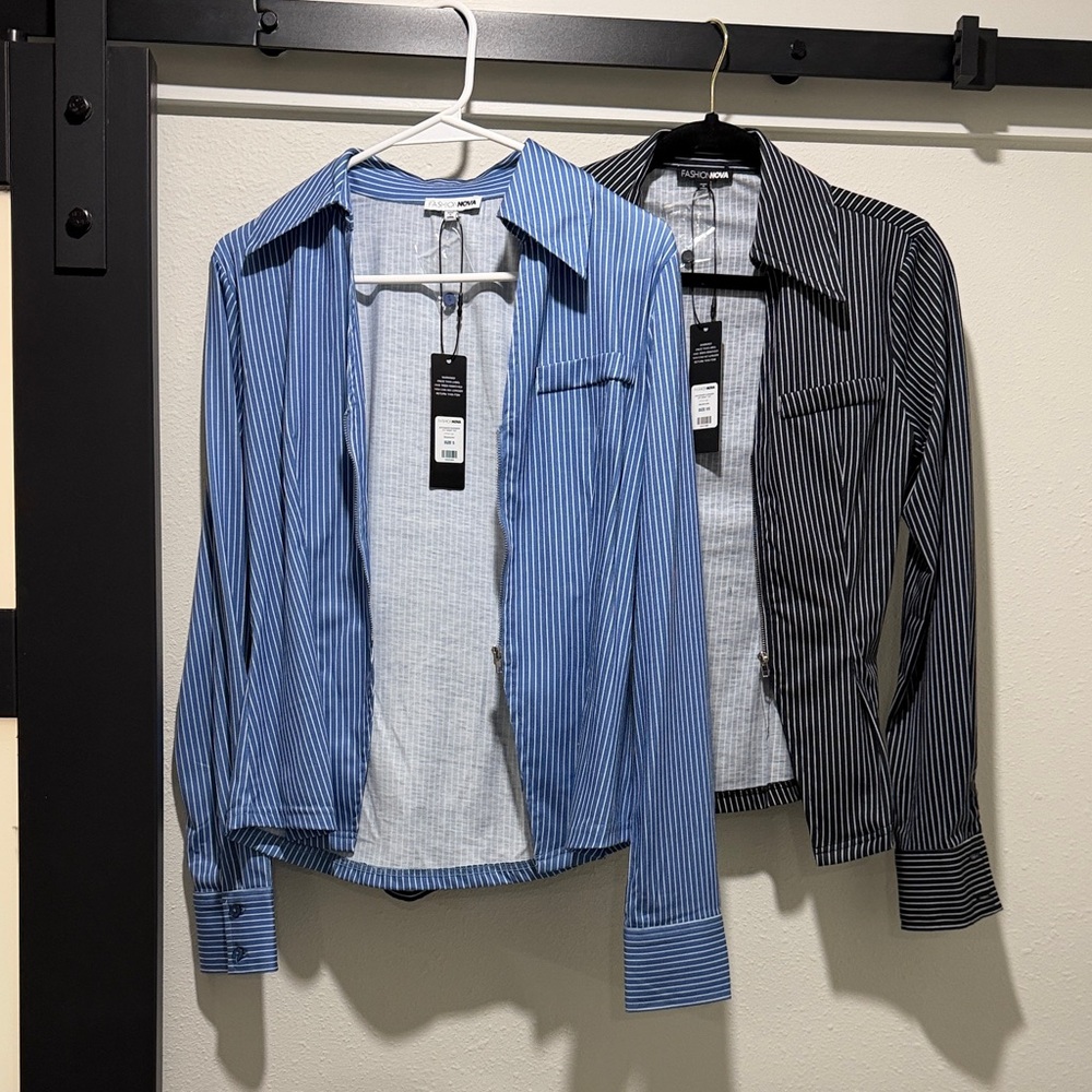 Fashion Nova Blue and Black Striped Long Sleeve Tops